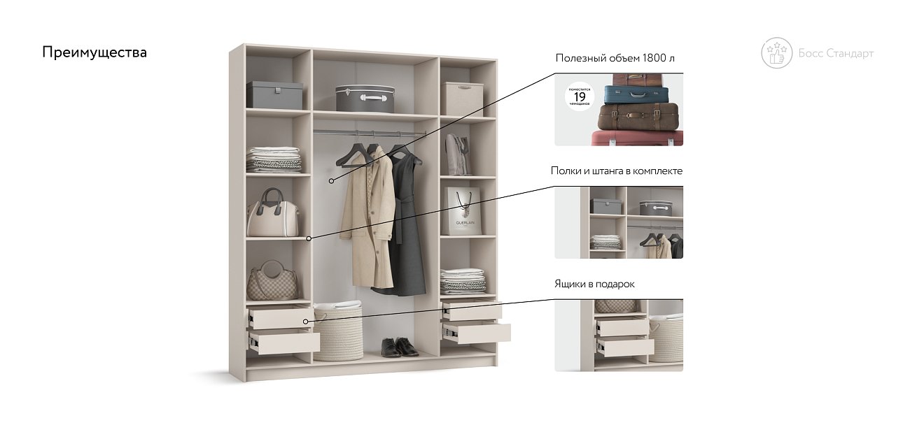 Босс Стандарт 180*220 шкаф распашной 4Д+ящики 01 Кашемир
