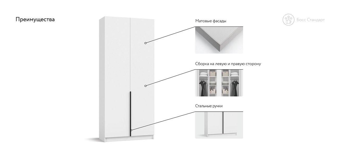 Босс Стандарт 90*220 шкаф распашной 2Д + ящики Белый
