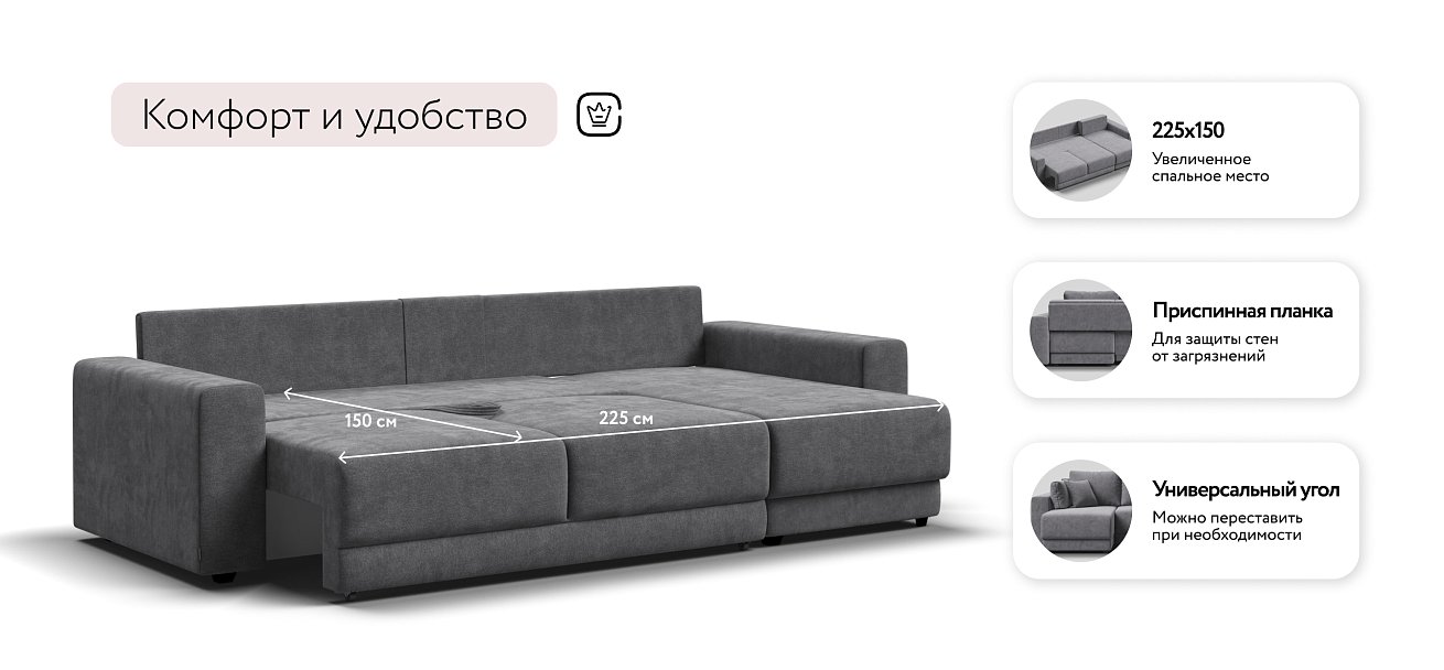Угловой диван Босс Прайм ХЛ Шенилл CLOUD графит