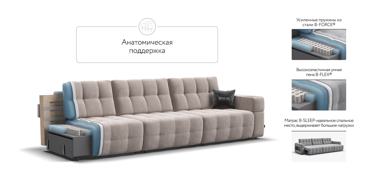 Диван BOSS.XO MAX велюр Monolit латте / WOOD Snow