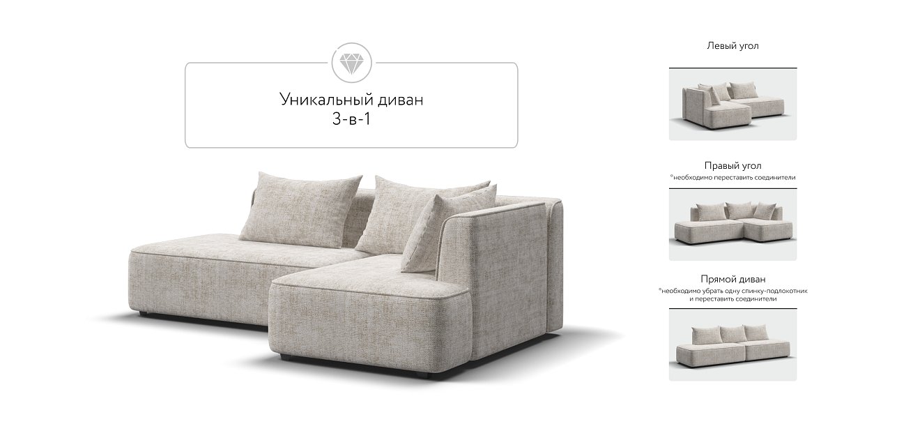 Кинг Твин угловой диван Шенилл Смарт кварц правый