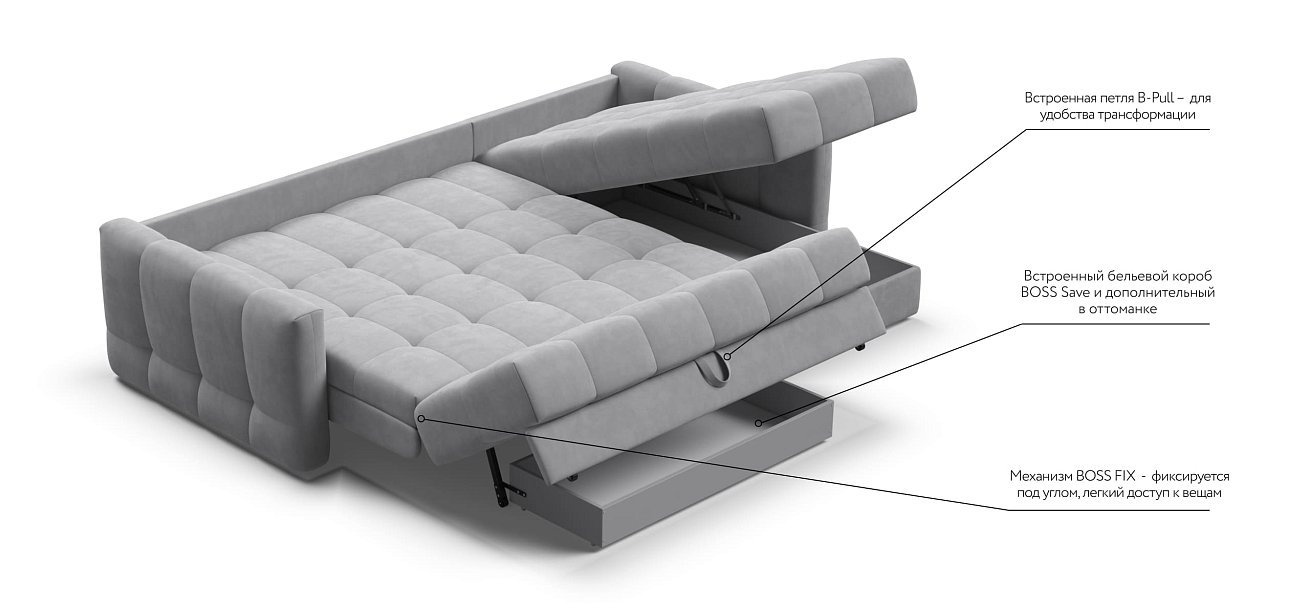 Угловой диван BOSS Sleep 160 велюр Monolit сталь