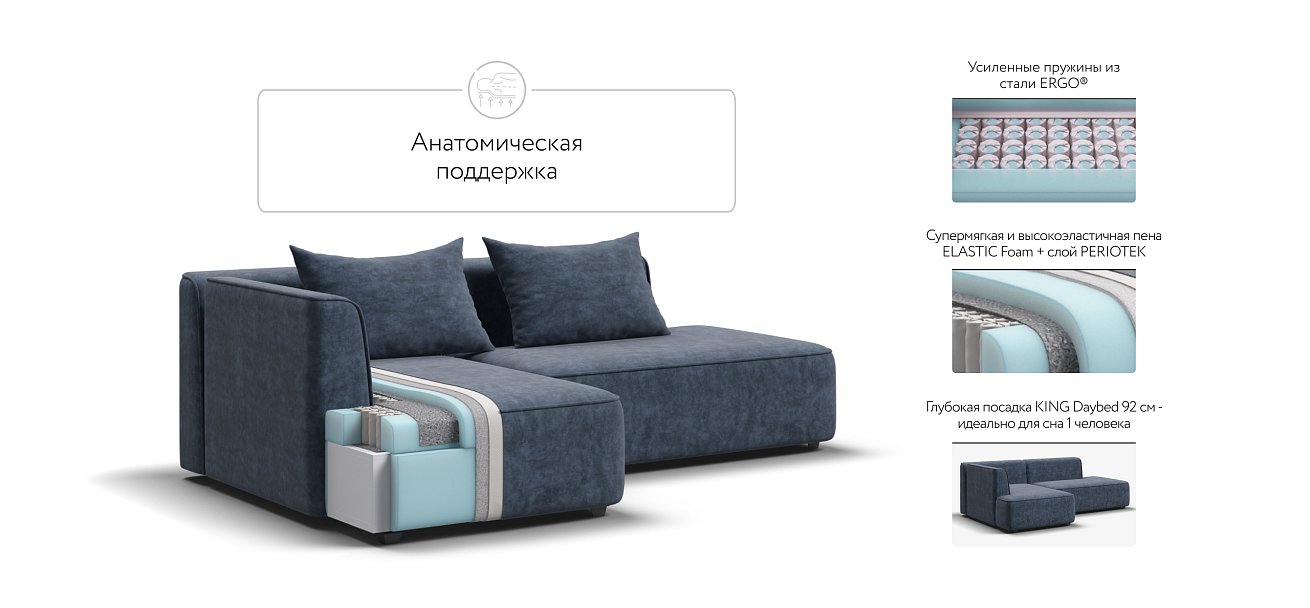 Кинг Твин угловой диван Велюр Роял синий левый