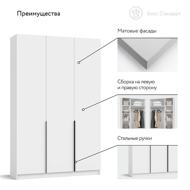 Босс Стандарт 135*220 шкаф распашной 3Д + ящики Белый