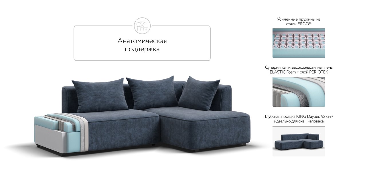 Кинг Твин угловой диван Велюр Роял синий правый