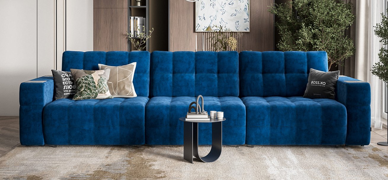 Диван BOSS.XO MAX велюр Monolit синий / WOOD Rock