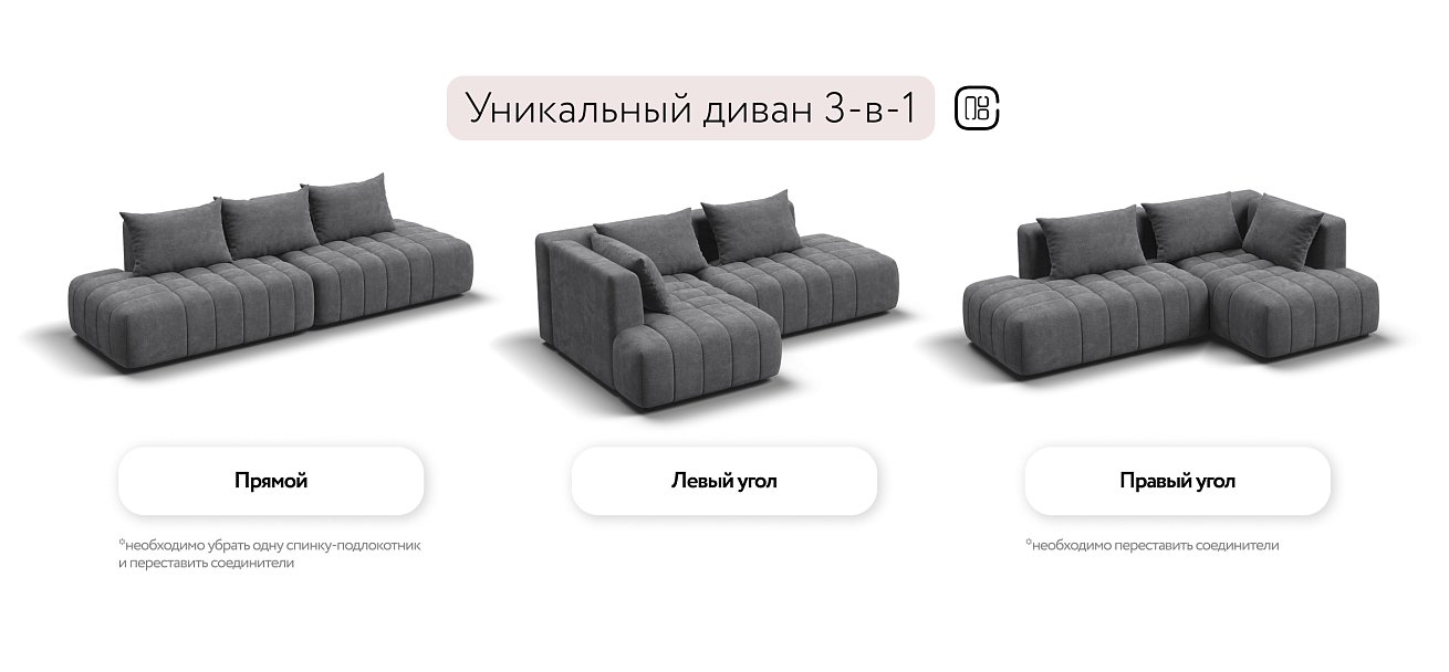 Босс Твин угловой диван левый Шенилл Клауд графит