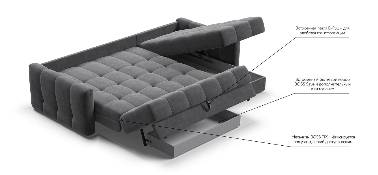 Угловой диван BOSS Sleep 160 велюр Monolit серый