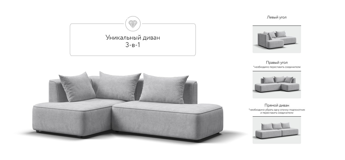 Кинг Твин угловой диван Шенилл Клауд серый левый