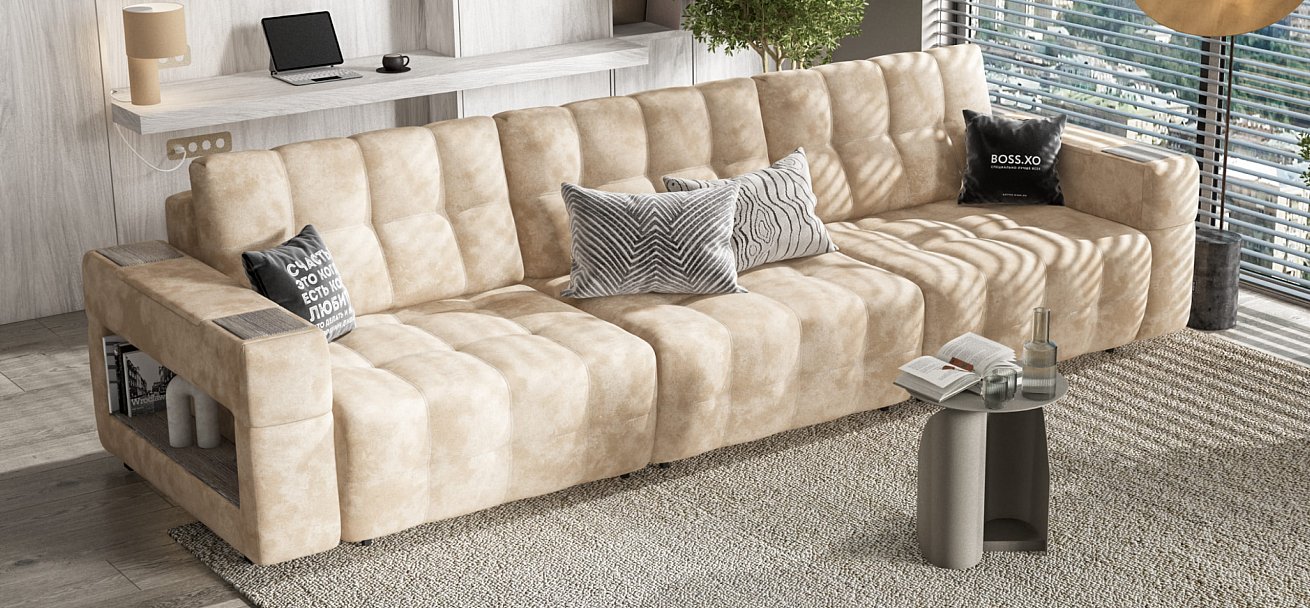 Диван BOSS.XO MAX Велюр Alkantara пепел / WOOD Rock
