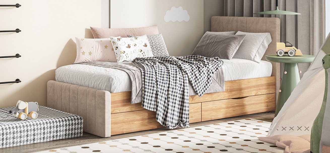 Лофт Мини Кровать 90*200 Орех селект, Велюр Монолит латте