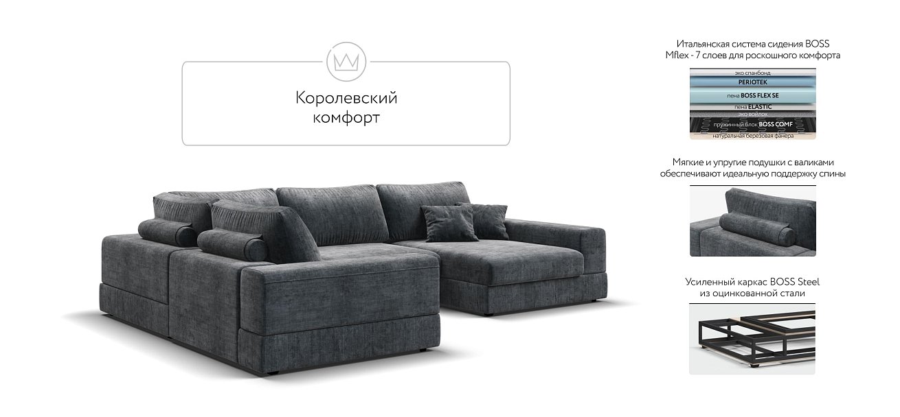 П-образный диван-кровать Босс Модуль левый, мягкие подлокотники, Шенилл Глосс карбон