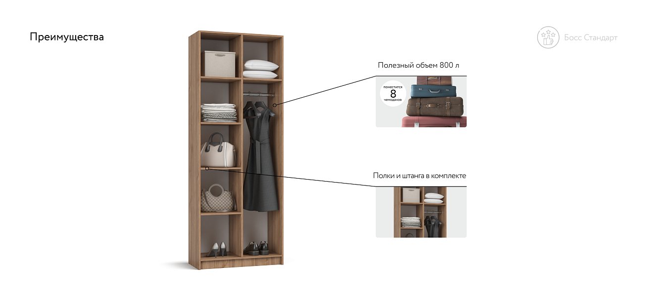 Босс Стандарт 80*220 шкаф распашной 2Д 01 Орех Селект