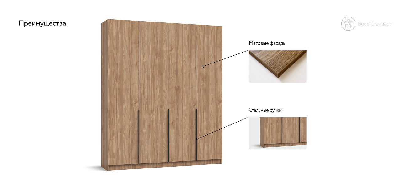 Босс Стандарт 180*220 шкаф распашной 4Д + ящики Орех Селект