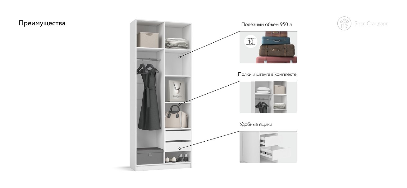 Босс Стандарт 90*236 шкаф распашной 2Д+ящики Белый