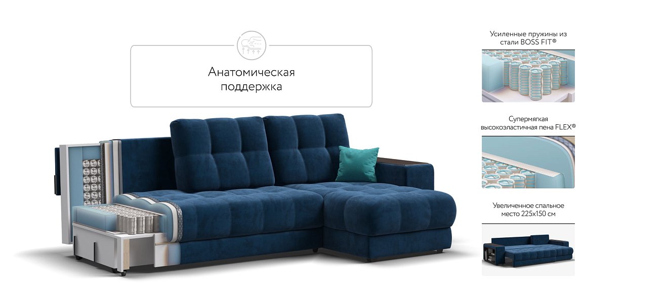 Угловой диван BOSS 3.0 XL велюр Monolit синий