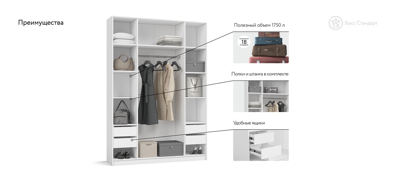 Босс Стандарт 160*236 шкаф распашной 4Д+ящики Белый