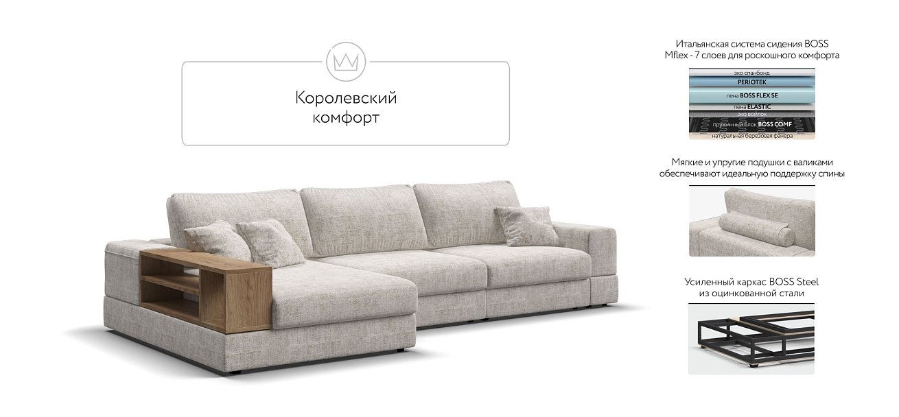 Угловой диван-кровать Босс Модуль XL левый, полка слева, Шенилл Смарт кварц