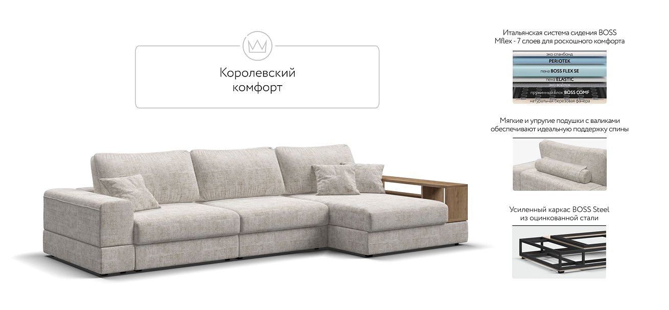 Угловой диван-кровать Босс Модуль XL правый, полка справа, Шенилл Смарт кварц