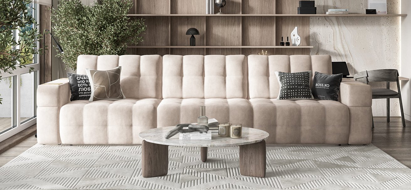 Диван BOSS.XO MAX велюр Monolit латте / WOOD Snow