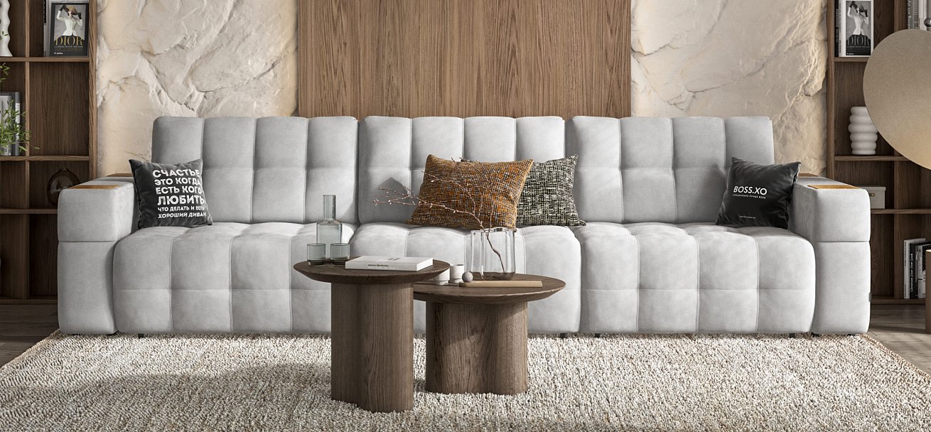 Диван BOSS.XO MAX велюр Monolit сталь / WOOD Smok