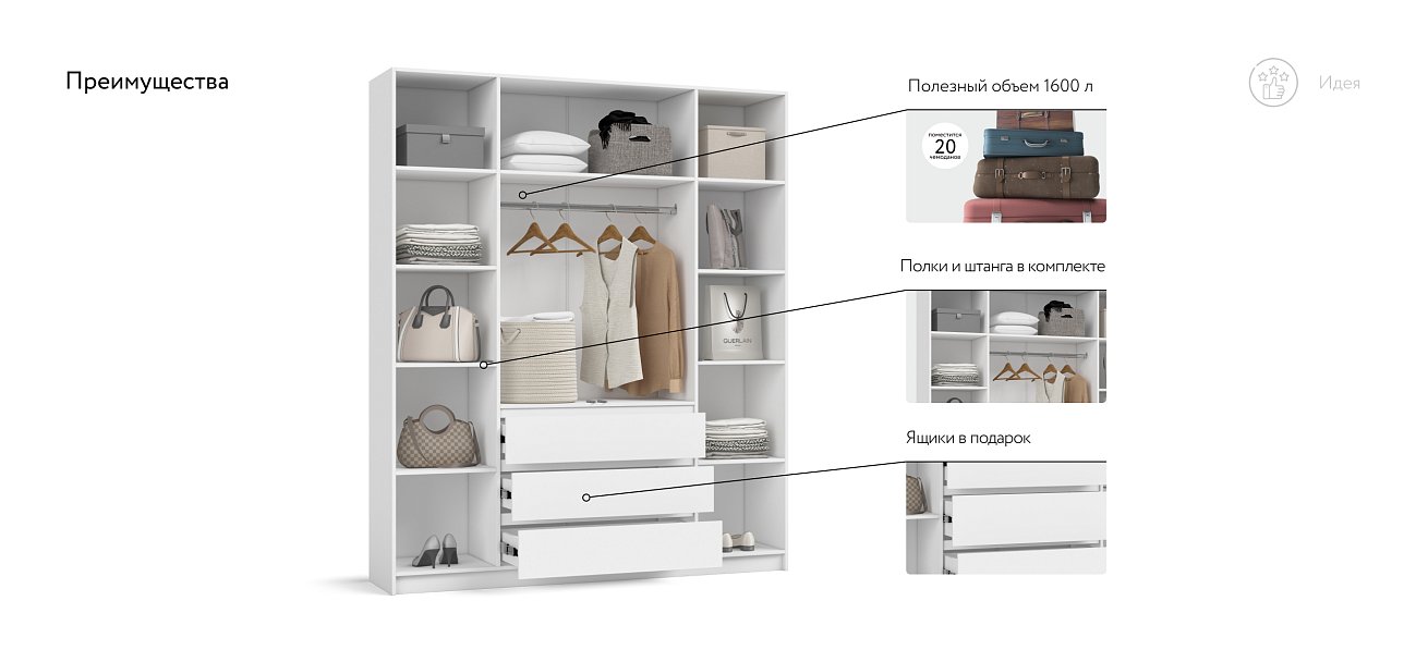 Идея 180 шкаф распашной 4Д+ящики Белый