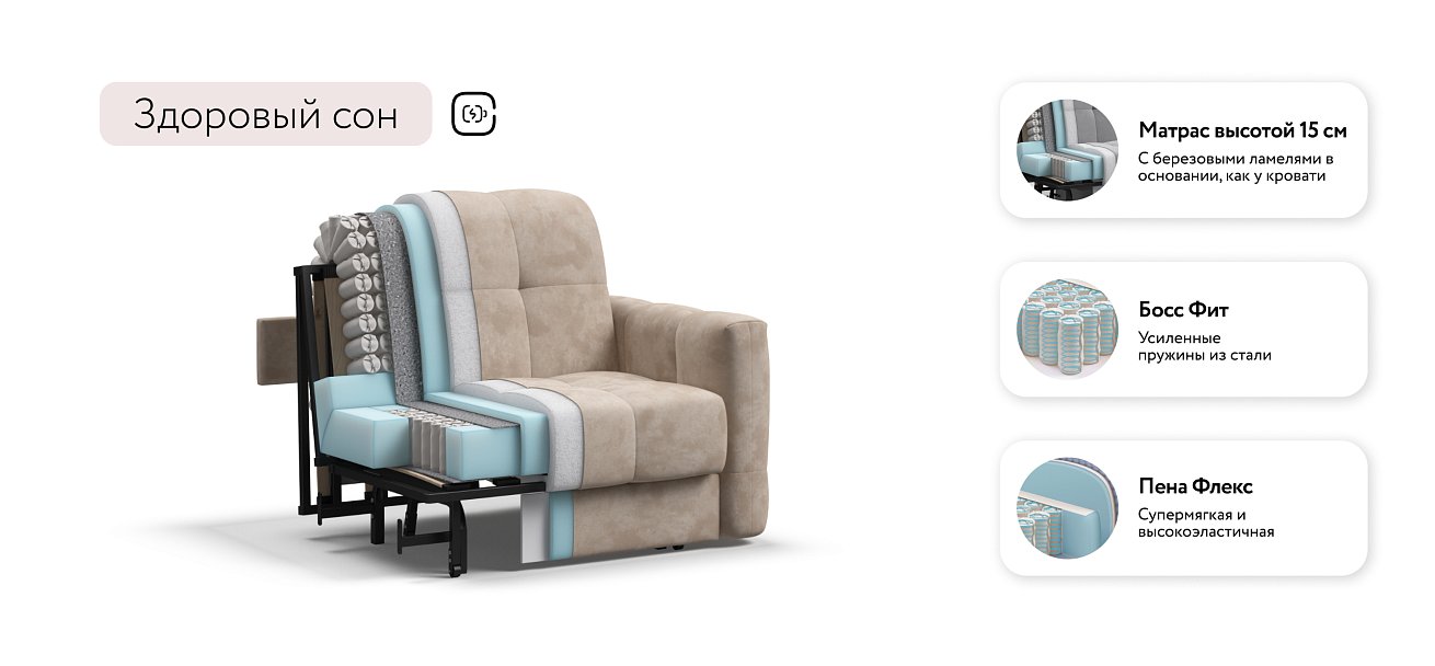 Босс Слип кресло-кровать Велюр Алькантара пепел