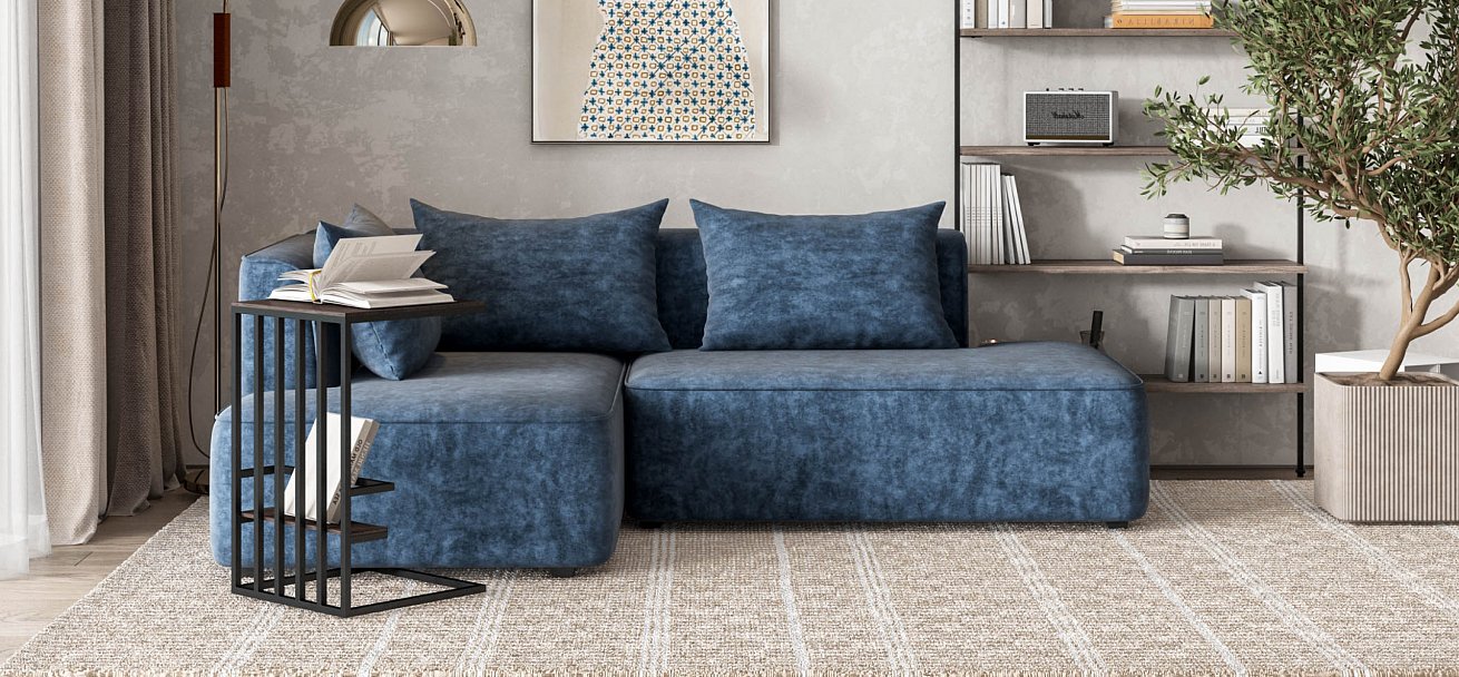 Кинг Твин угловой диван Велюр Роял синий левый