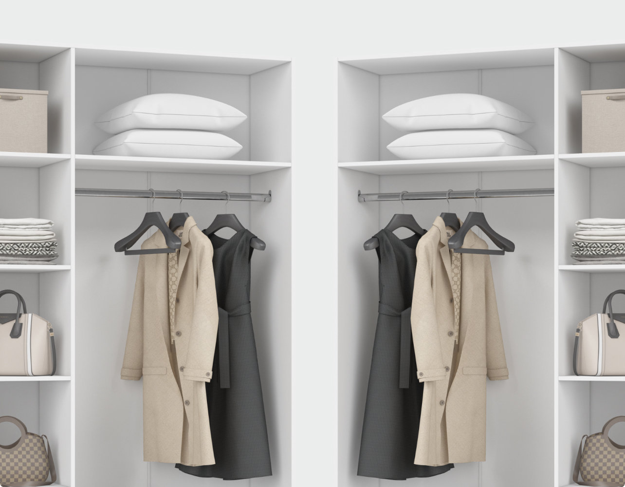 Внутреннее пространство делится поровну — у каждого своя половина полок и штанги. Личное пространство для двоих без компромиссов и споров.