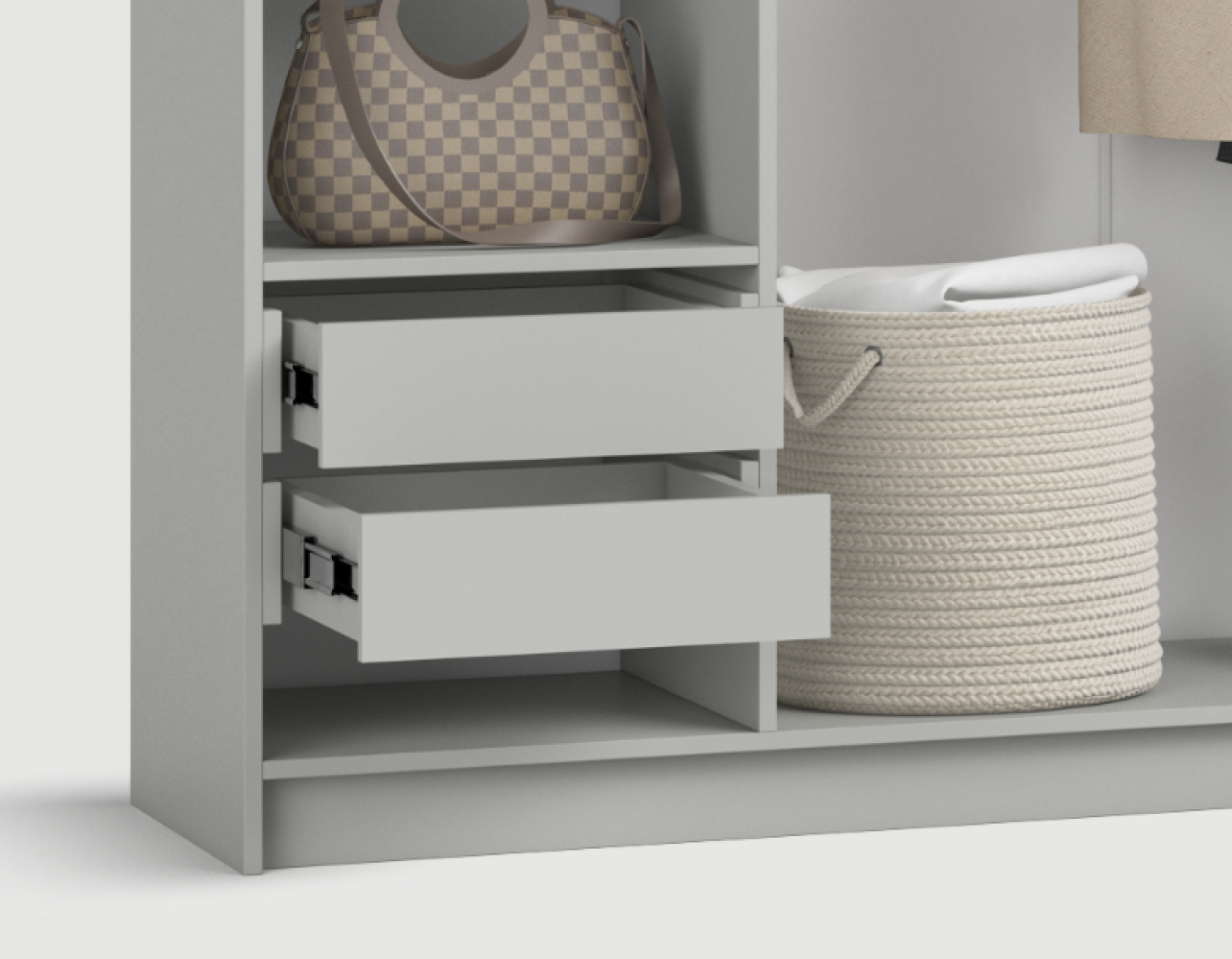 Ящики на шариковых направляющих, плавное и надежное выдвижение даже при полной загрузке. Удобное решение для повседневного хранения без компромиссов.